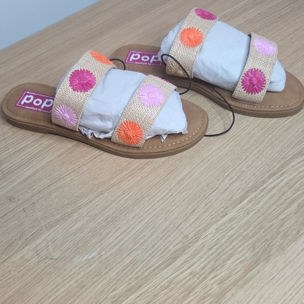 Pop Comfort Fit Floral Slide Sandals Slip On Beige Pink Orange Women's 8.5M